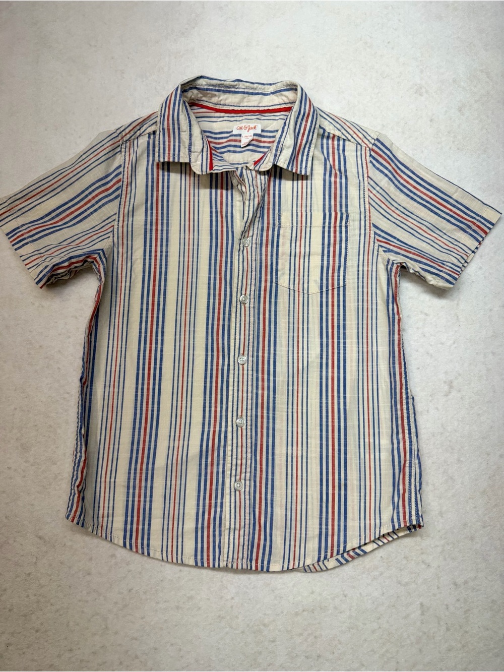 Cat & Jack Short-Sleeve Button-Down Shirt - Cream with Blue & Red Stripes